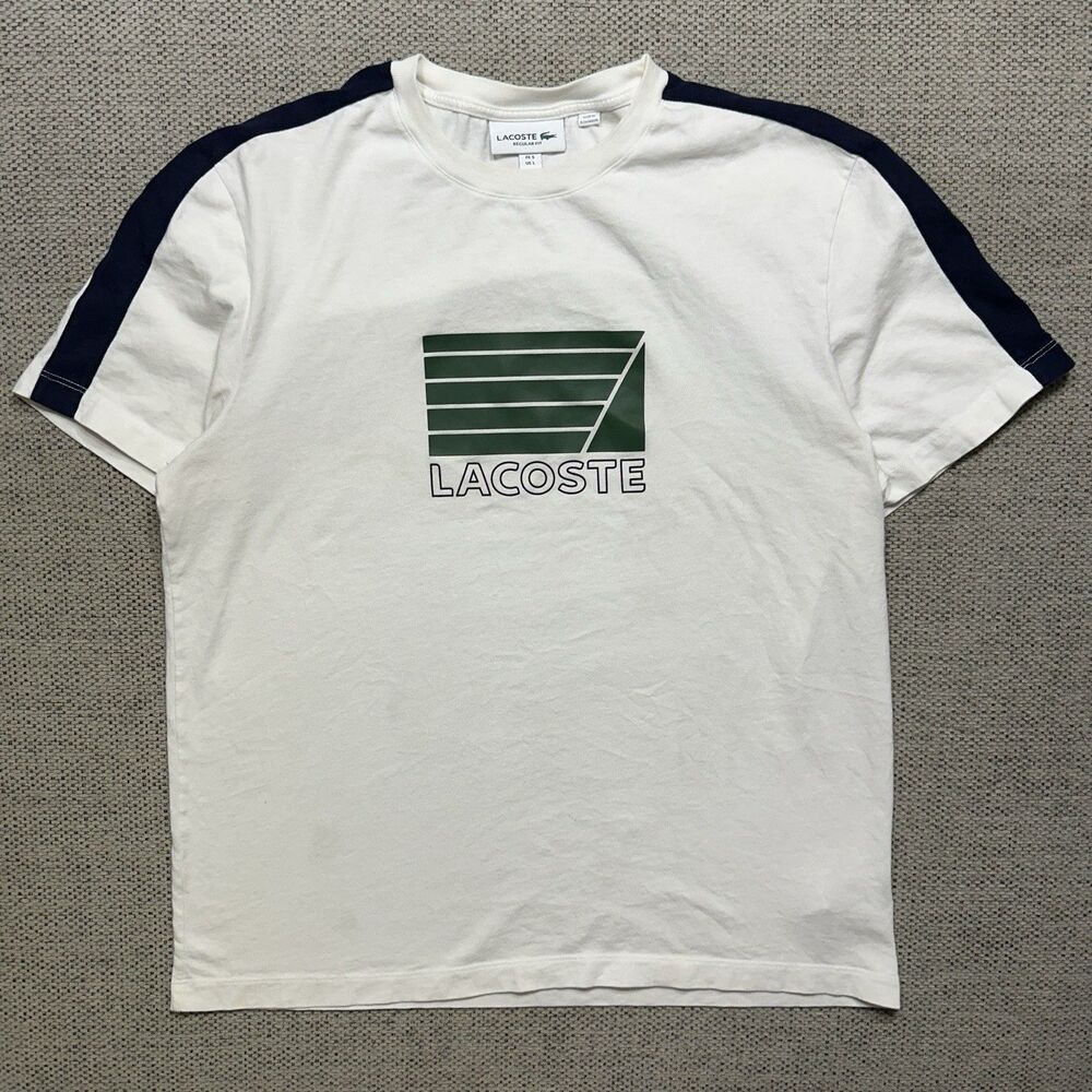 Lacoste Mens T Shirt Size L Large White Green Center Logo Block Stripe Shoulder